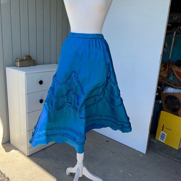 VTG 90s Indigo Moon Iridescent Blue Bias Cut Maxi Skirt Ruffle Trim SZ M - Picture 11 of 12